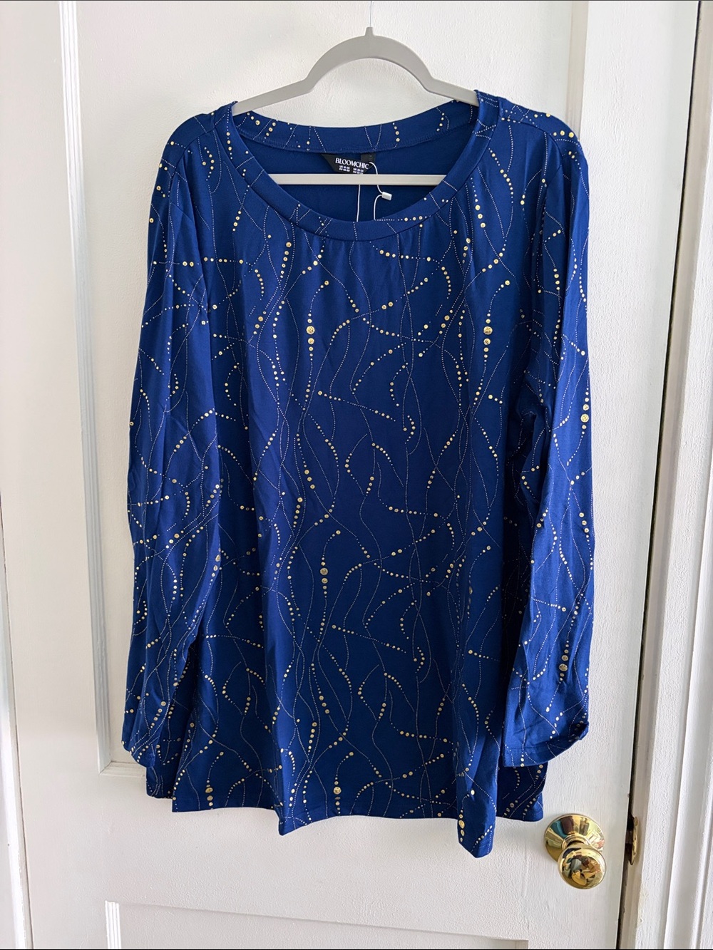 BloomChic Blue Long Sleeve Blouse with Gold Dot Accent